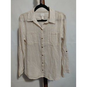 Chico's women size 1 top tan striped with gold shimmer LS collared button up EUC